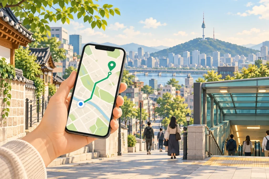 Illustration of a traveler holding a map on a phone in a Seoul-inspired city scene