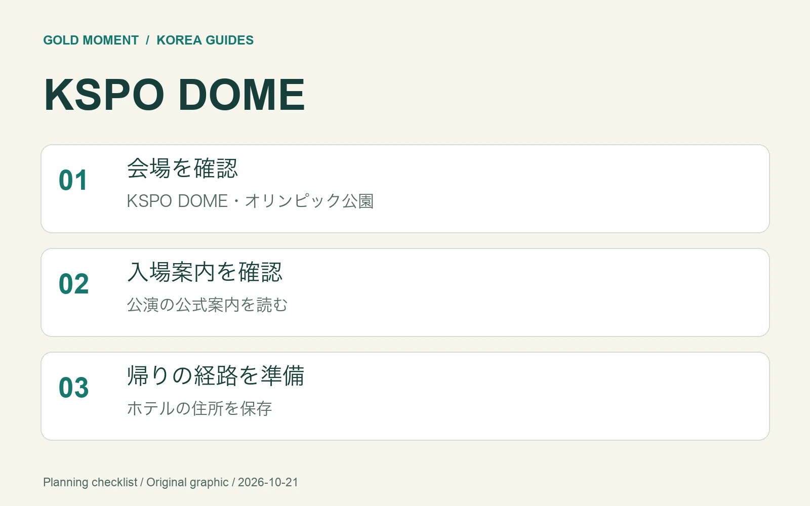 KSPO DOMEの準備図解：会場確認、入場案内の確認、帰りの計画