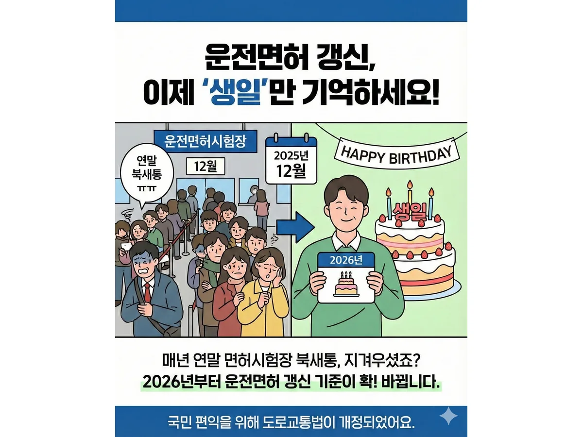면허시험장 대기 줄과 생일 케이크 삽화를 나란히 배치한 갱신 기준 변경 안내문.