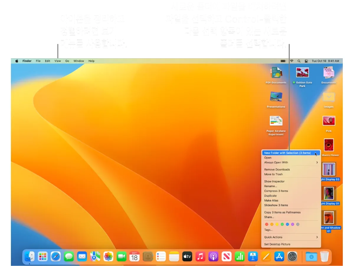 바탕화면 파일을 한 폴더로 묶는 선택 항목으로 새 폴더 메뉴
